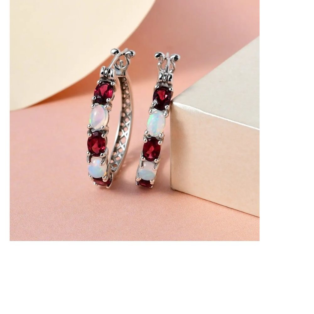 Tanzanian Wine Garnet and Ethiopian Welo Opal Hoop Earrings